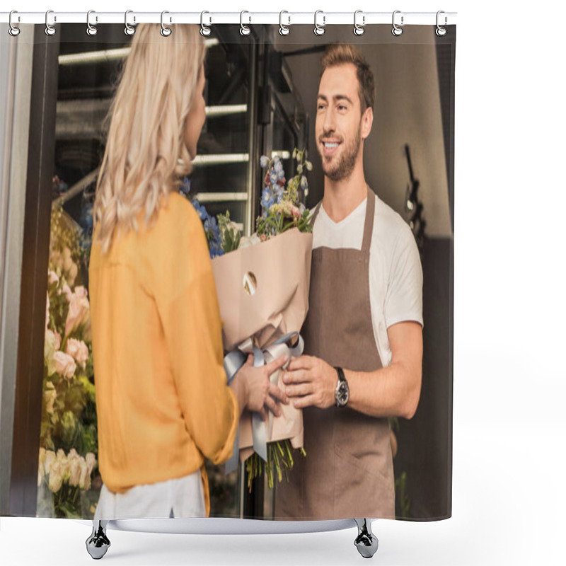 Personality  Handsome Florist Giving Wrapped Bouquet To Customer At Flower Shop Shower Curtains