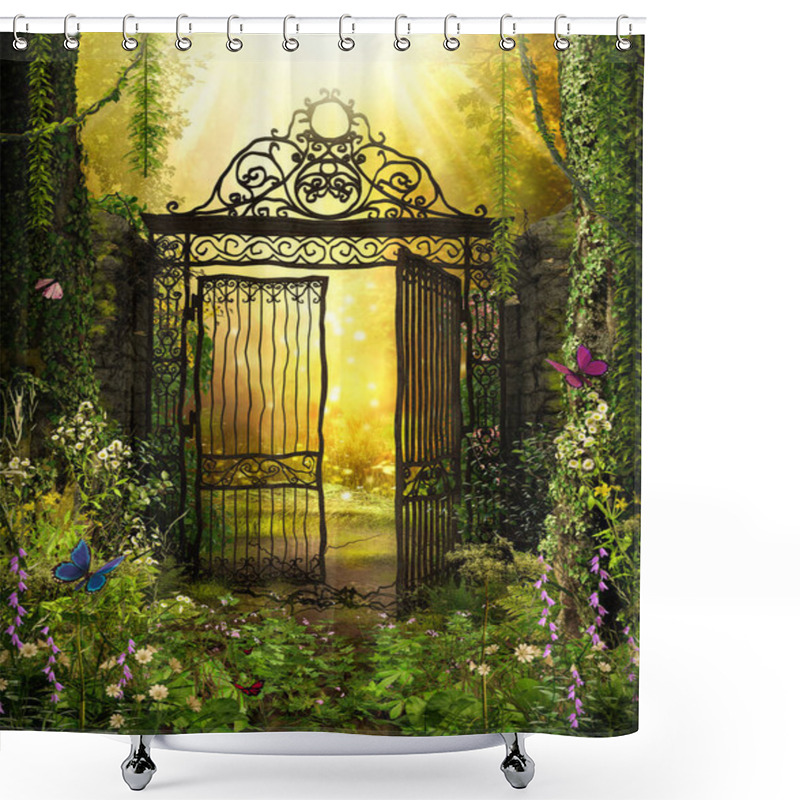 Personality  An Open Iron Gate Leads To An Enchanting Secret Garden Surrounded By Ivy Covered Trees, 3d Render. Shower Curtains