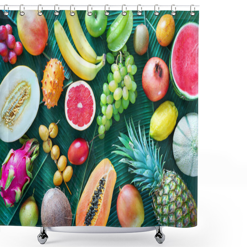 Personality  Assortment Of Tropical Fruits On Leaves Of Palm Trees. Top View Shower Curtains