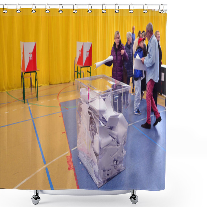 Personality  Warsaw, Poland 15 October 2023. Parliamentary Elections In Poland. The Process Of Voting At A Polling Station. Shower Curtains