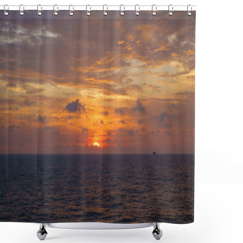 Personality  Beautiful Sunset With Sky Over Calm Sea And Offshore Platform Shower Curtains