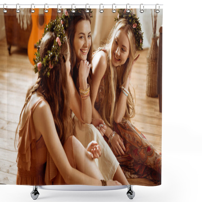 Personality  Women In Boho Style And Floral Wreaths Shower Curtains