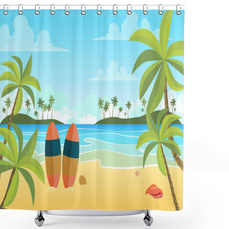 Personality  Tropical Beach With Surfboards Landscape Background In Flat Style. Seashore Or Ocean, Palm Trees On Islands, Active Recreation At Seaside Resort. Nature Scenery. Vector Illustration Of Web Banner Shower Curtains