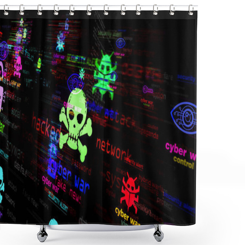 Personality  Cyber War And Hybrid Conflict Symbol Technology Concept. Abstract Sign On Glitch Screens 3d Illustration. Shower Curtains