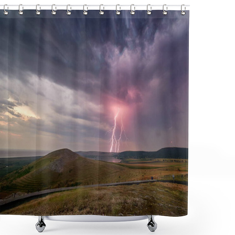 Personality  Thunderstorm With Lightnings Over The Fields, Long Exposure Image Shower Curtains