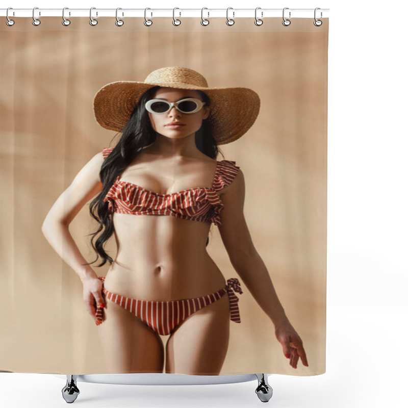 Personality  Fashionable Sexy Brunette Woman In Striped Swimsuit, Straw Hat And Sunglasses Posing On Beige Background Shower Curtains