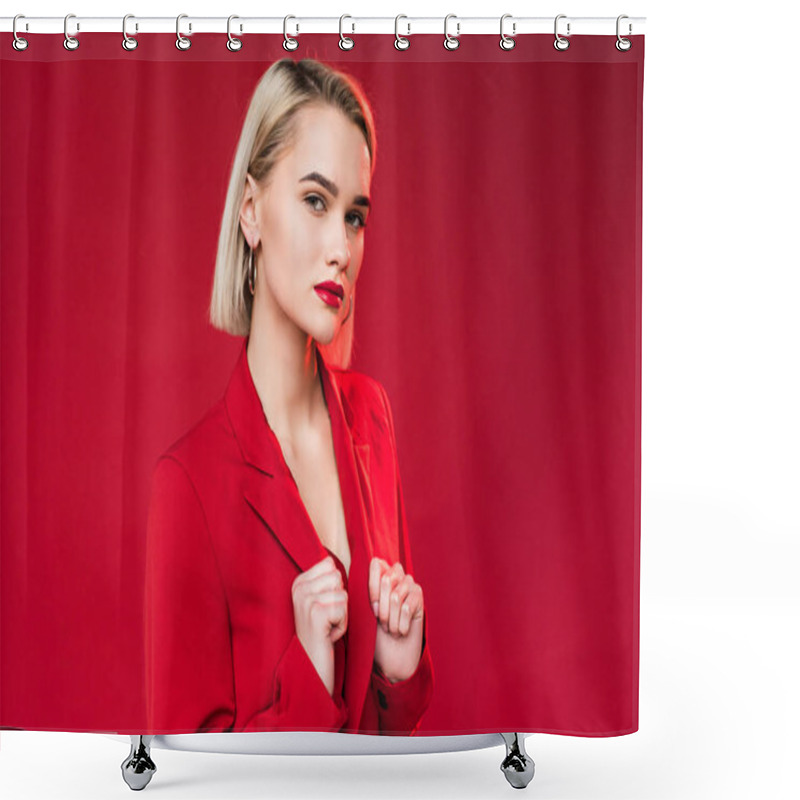 Personality  Elegant Girl Posing In Red Jacket Shower Curtains