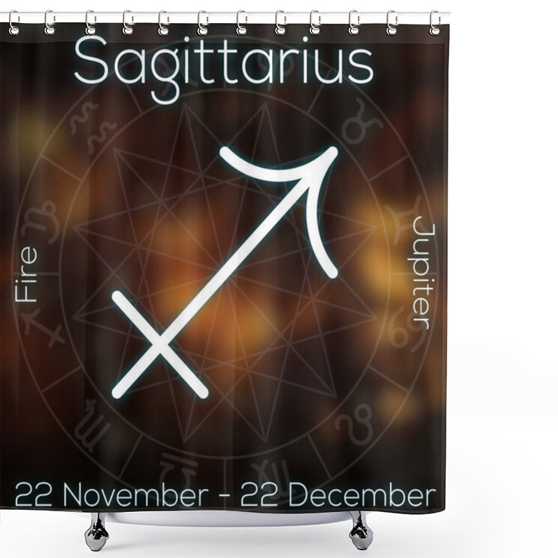 Personality  Zodiac Sign - Sagittarius. White Line Astrological Symbol With Caption, Dates, Planet And Element On Blurry Abstract Background With Astrology Chart. Shower Curtains