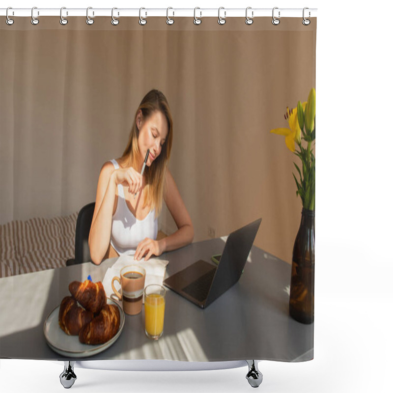 Personality  Freelancer In Top Looking At Notebook Near Devices And Breakfast At Home  Shower Curtains