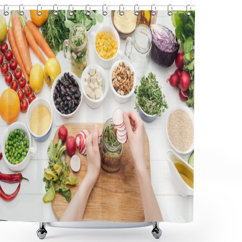 Personality  Cropped View Of Woman Adding Radish Slices In Glass Jar On Wooden White Table Shower Curtains