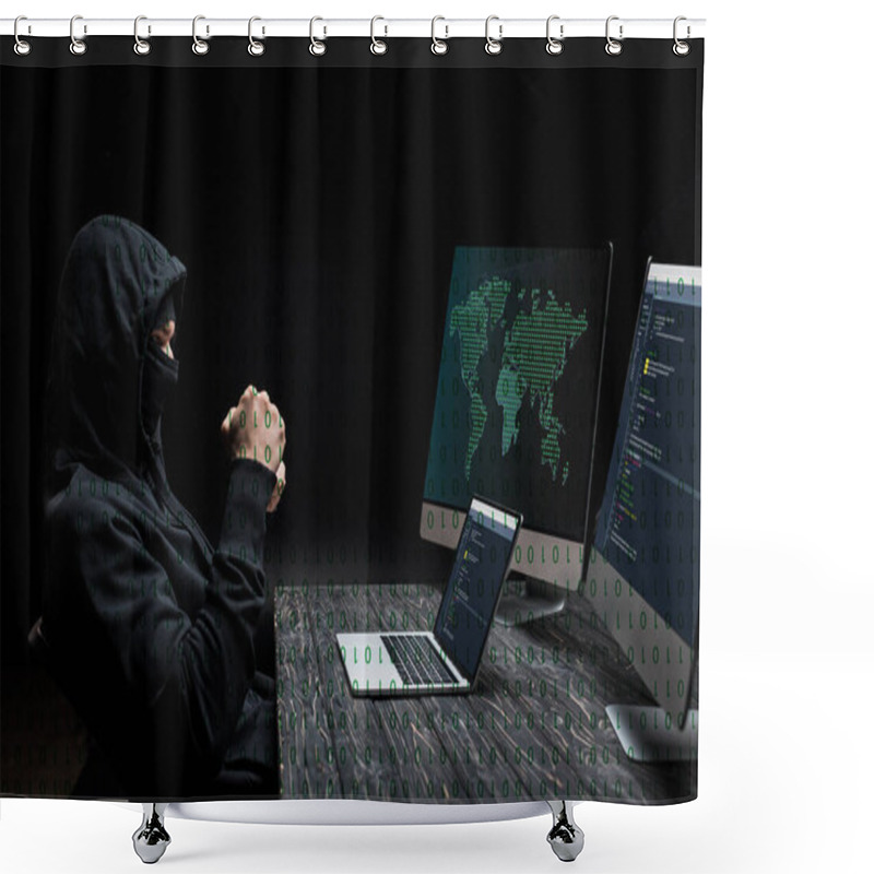 Personality  Hacker With Clenched Fists Looking At Laptop With Near Computer Monitors With World Map On Black  Shower Curtains