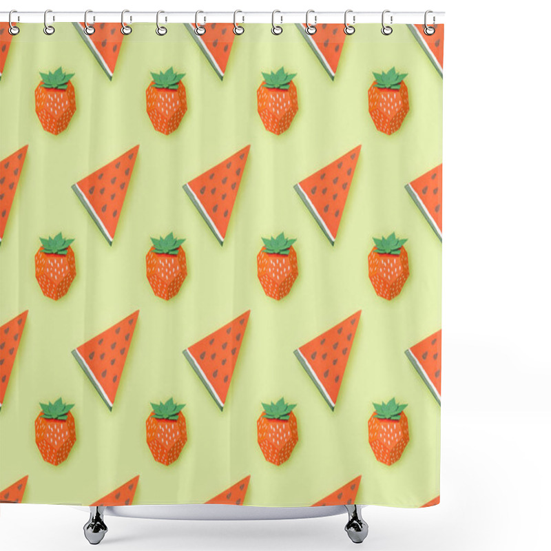 Personality  Top View Of Seamless Pattern With Handmade Paper Strawberries And Watermelon Slices Isolated On Green Shower Curtains