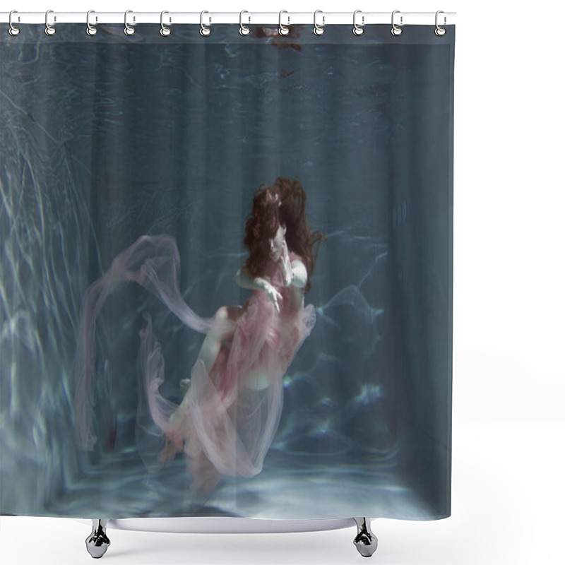 Personality  A Girl With Long Dark Hair Swims Underwater In A Pink Dress And With A Crown On Her Head, Like An Underwater Queen. Fairy Tale Suitable For Advertising Shower Curtains