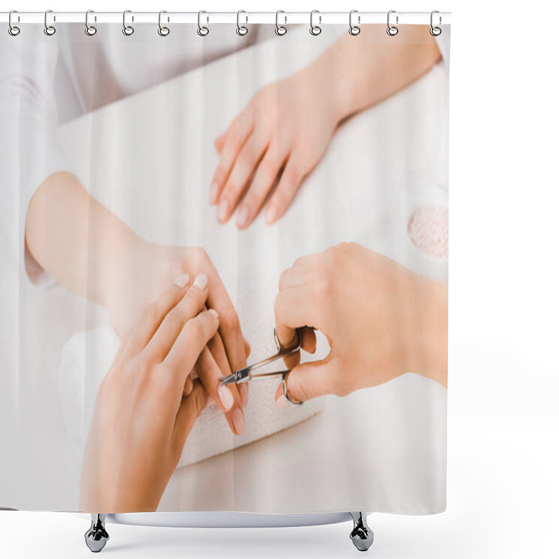 Personality  Cropped View Of Manicurist Using Nail Clippers To Cut Cuticles Shower Curtains