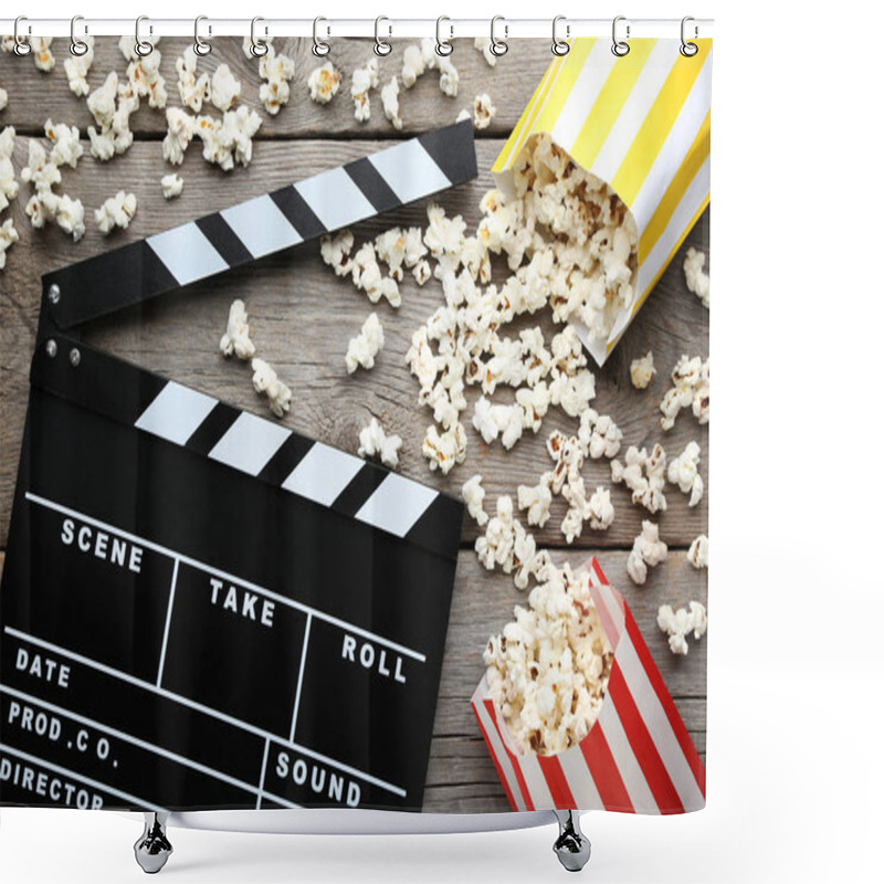 Personality  Clapper Board With Popcorn In Paper Bags On Wooden Table Shower Curtains