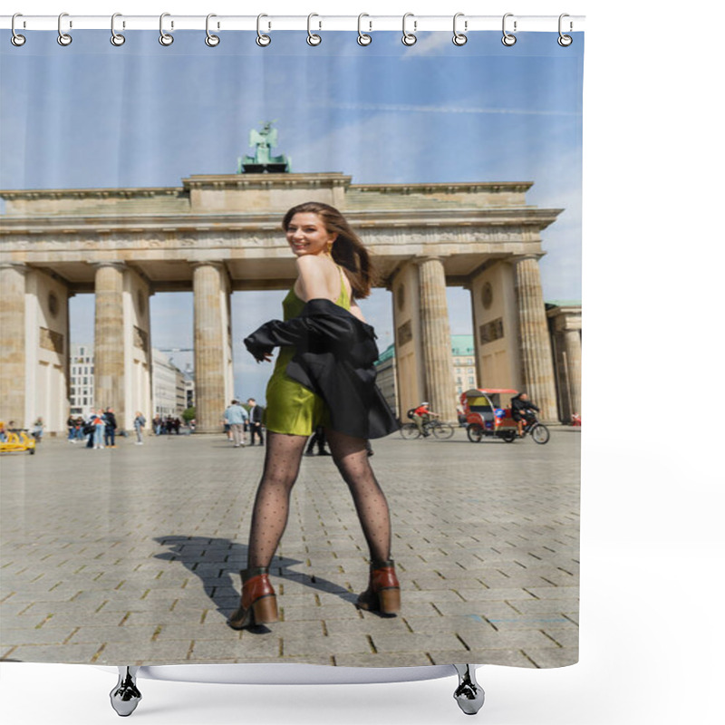 Personality  BERLIN, GERMANY - MAY 13, 2022: Positive Woman In Black Jacket And Silk Dress Near Brandenburg Gate Shower Curtains