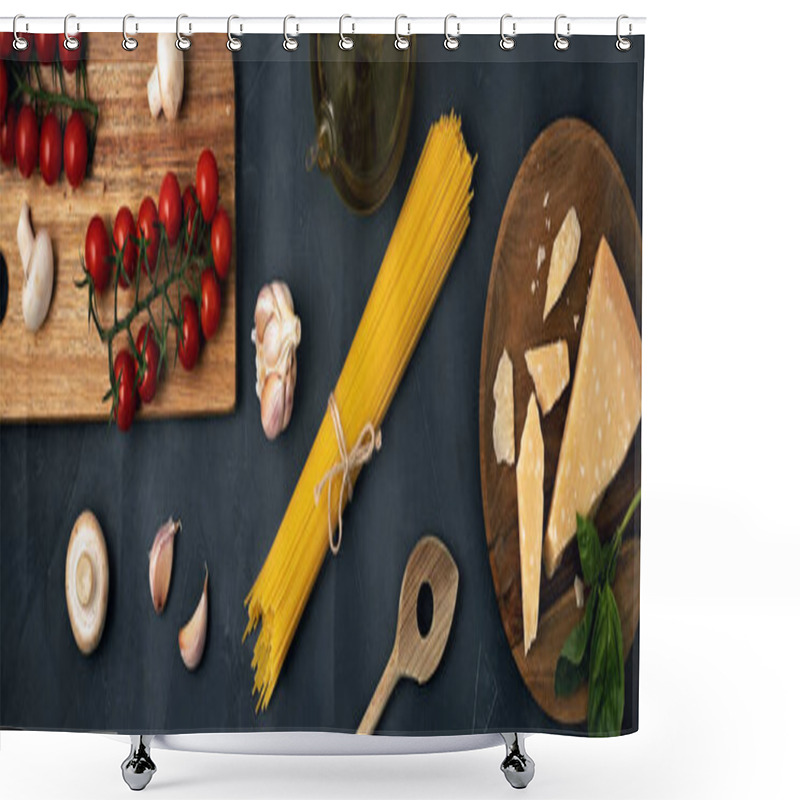 Personality  Flat Lay Of Ingredients For Cooking Italian Pasta. Spaghetti, Tomatoes, Oil, Garlic, Parmezan. Top View Of Traditional Italian Cusine Concept Shower Curtains