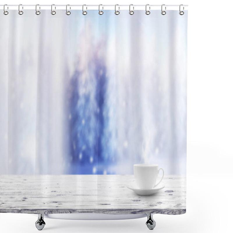 Personality  Cup With Hot Drink On Wooden Table And Window Over Winter Snow Covered Forest Background Shower Curtains