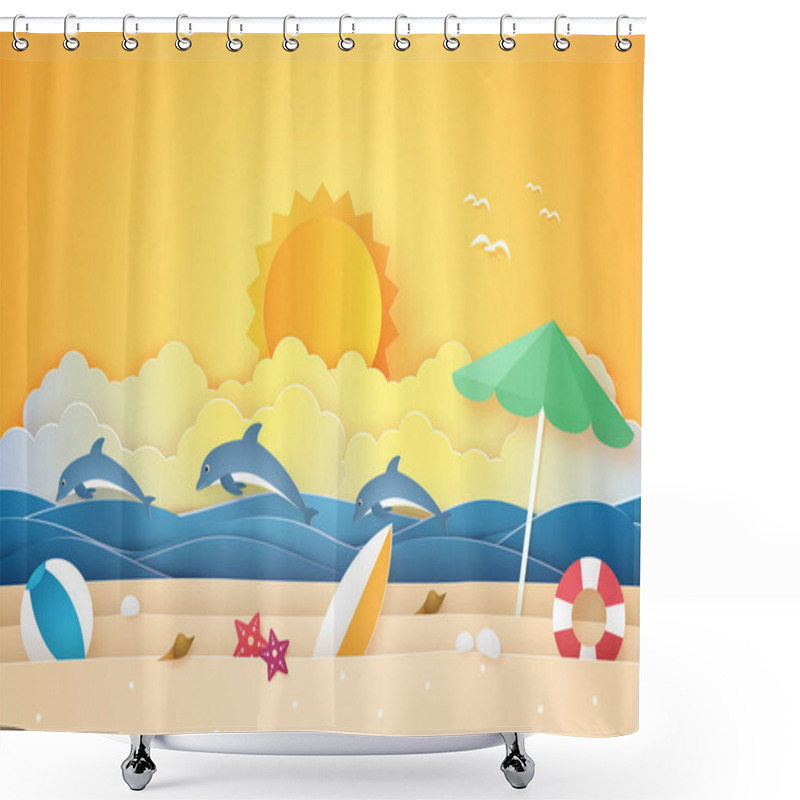 Personality  Summer Time , Sea And Beach With Dolphins And Stuff , Paper Art Style Shower Curtains