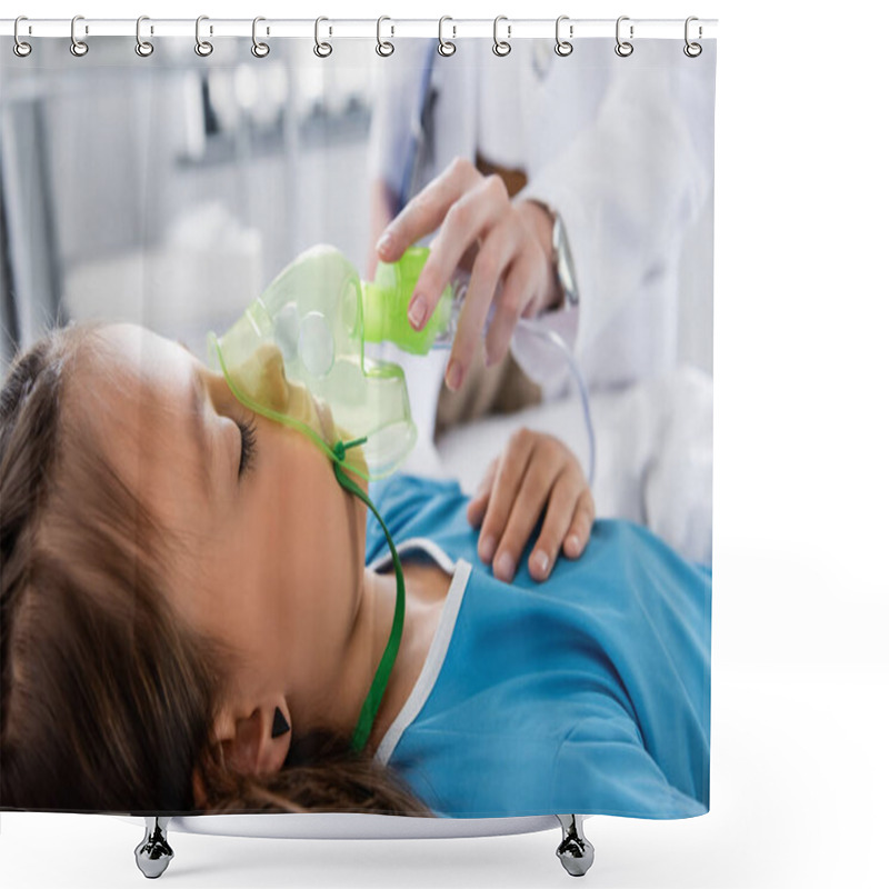 Personality  Blurred Pediatrician Holding Oxygen Mask Near Sick Child In Hospital  Shower Curtains