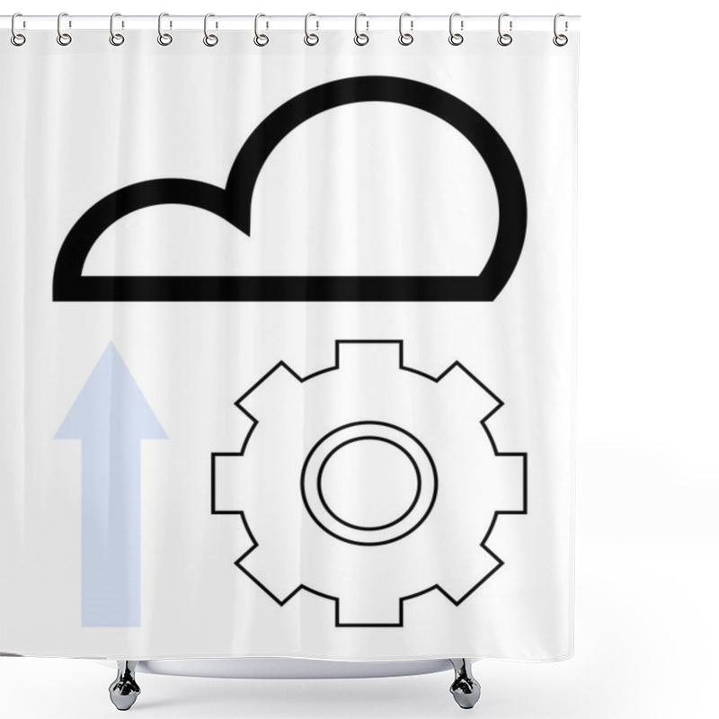 Personality  Cloud Shape With Gear And Upward Arrow Illustrating Data Uploading, Technology Optimization, And System Automation. Ideal For Cloud Services, Innovation, IT Solutions, Digital Strategies, Automation Shower Curtains