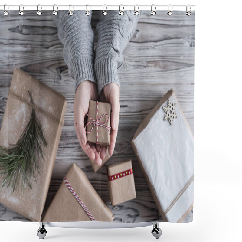 Personality  Female Packing Small Gift. Cardboard Box In Craft Paper, Christmas Rope And Tree On The Rustic Wood Planks Background. DIY. Shower Curtains