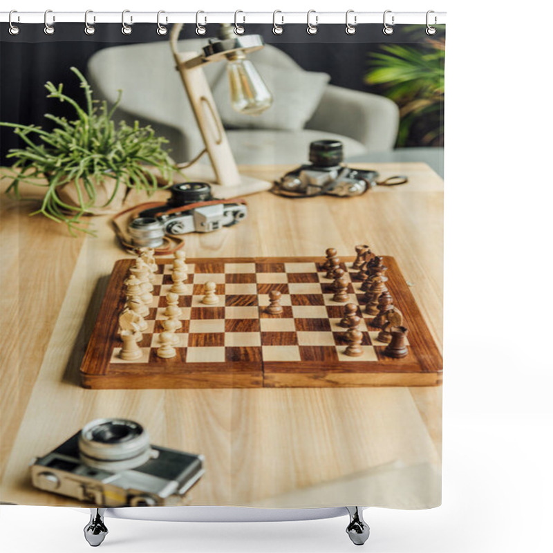 Personality  Chess Board Set With Old Cameras Shower Curtains