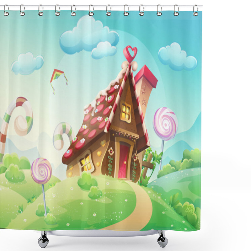 Personality  Illustration Of Sweet House Of Cookies And Candy On A Background Of Meadows And Growing Caramels. Shower Curtains