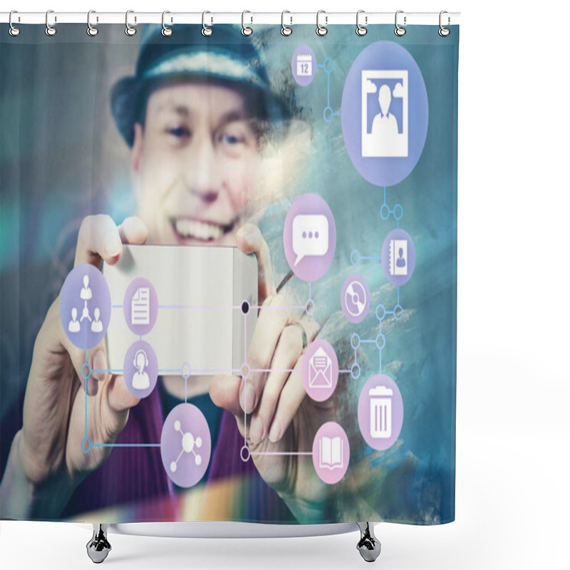 Personality  Ephemeral Internet Social Media Concept Man Taking Photo Shower Curtains