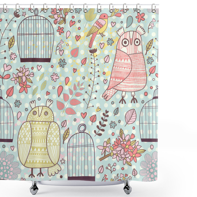 Personality  Pattern With Birds, Owls, Cages, Flowers And Blooming Trees. Shower Curtains