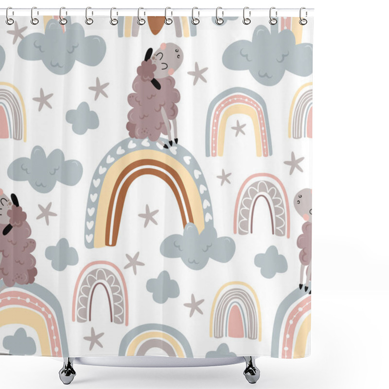 Personality  White Seamless Pattern With A Lamb On A Rainbow - Vector Illustration, Eps Shower Curtains