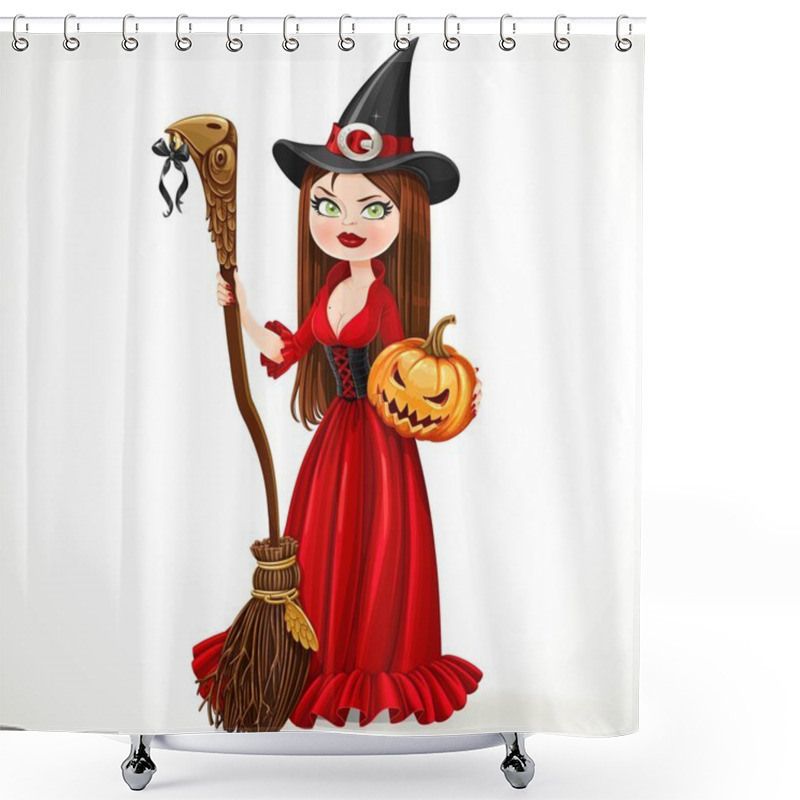 Personality  Beautiful Witch In A Red Dress Holding A Broom For Flying And A  Shower Curtains