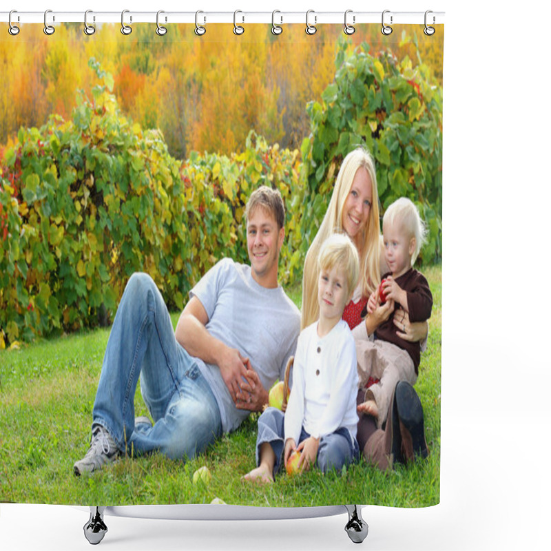 Personality  Happy Family Sitting In The Grass Eating Apples At Orchard Shower Curtains