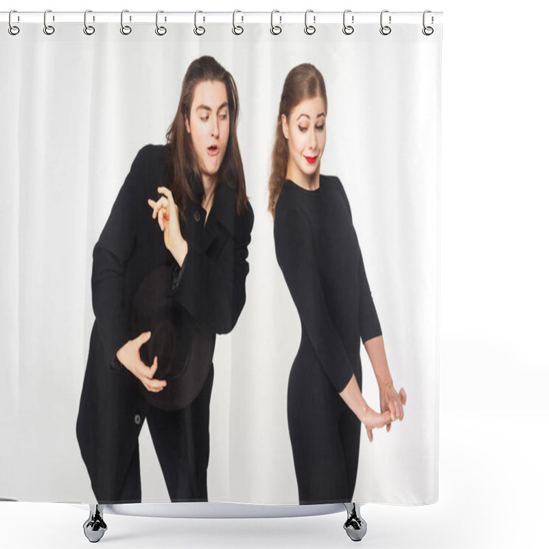 Personality  Playful Man Flirting With Confused Cute Woman, Love Concept  Shower Curtains