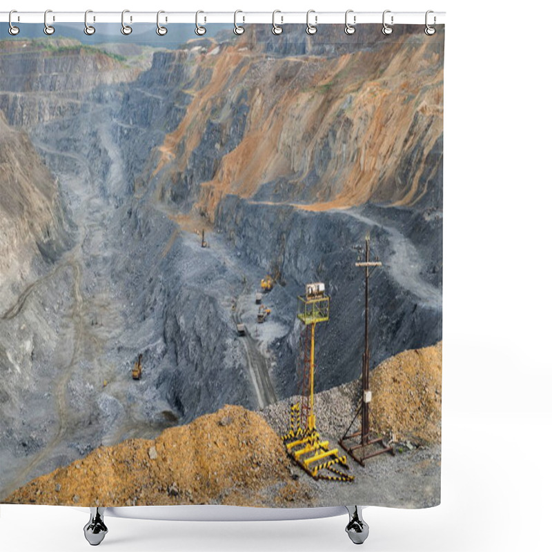 Personality  Temporary Lighting Against The Backdrop Of A Open-pit Mine. The Quarry Operation  Is Located In The Village Of Belogorsk, Kemerovo Region. Siberia, Russia. Shower Curtains