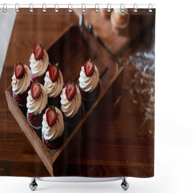 Personality  Set Of Delicious Cupcakes On A Kitchen Table Shower Curtains