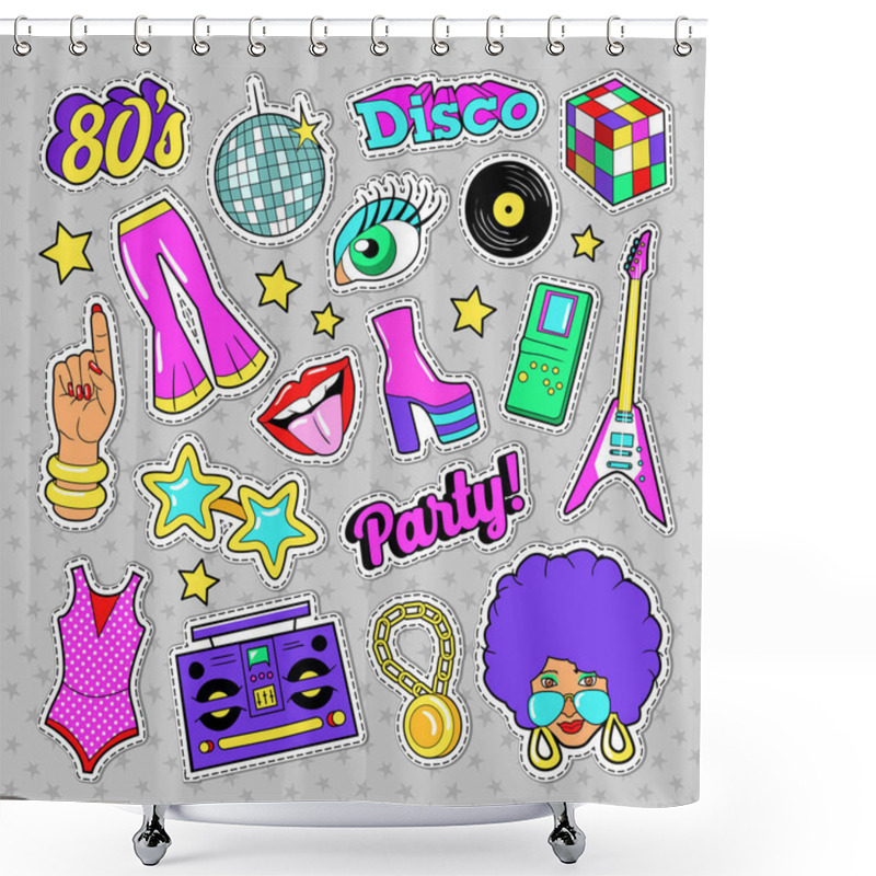 Personality  Disco Party Retro Fashion Elements With Guitar, Lips And Stars For Stickers, Patches, Badges. Vector Doodle Shower Curtains