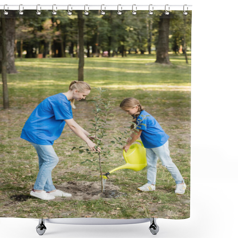 Personality  Side View Of Mother And Daughter Planting Young Tree In Park, Ecology Concept Shower Curtains