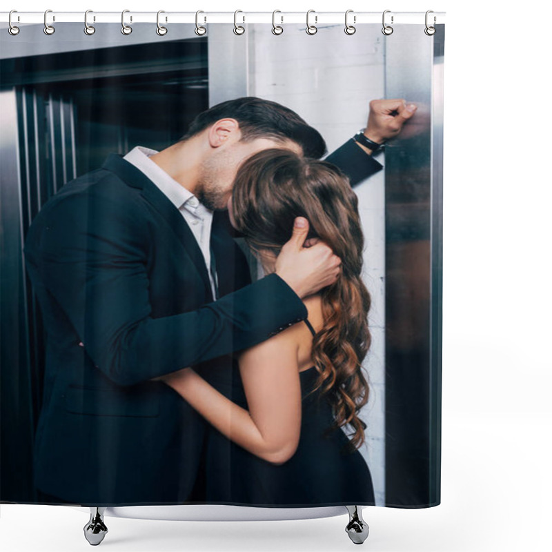 Personality  Man In Suit Passionately Kissing And Embracing Woman Near Elevator Shower Curtains