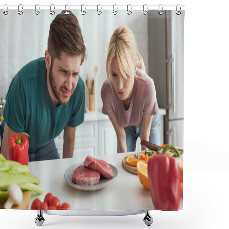 Personality  Disgusted Vegan Couple Looking At Raw Meat On Plate In Kitchen At Home Shower Curtains