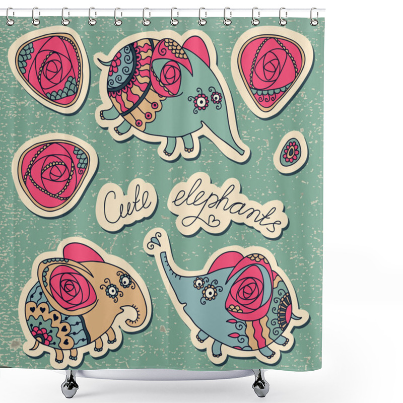 Personality  Set Of Cute Little Elephants And Roses Shower Curtains