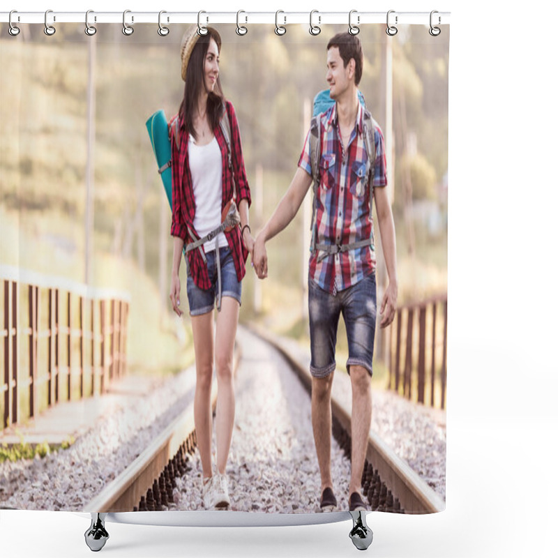 Personality  Two Hikers Walking Along Railroad Holding Hands Shower Curtains