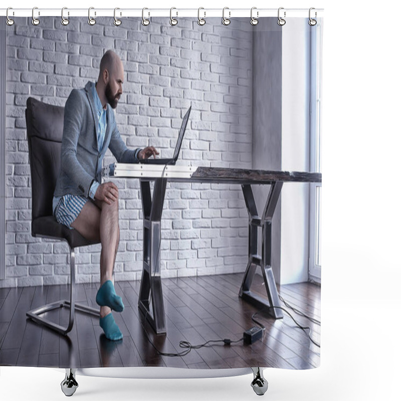 Personality  Quarantined Work Concept, A Man Works At Home On A Computer In His Underpants, Funny Work Coronavirus Pandemic Meme Shower Curtains