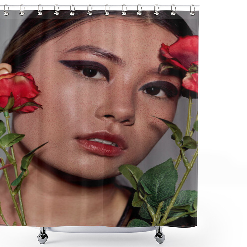 Personality  Close-up Portrait Of Asian Woman With Dramatic Makeup And Red Lips, Framed By Roses. Shower Curtains