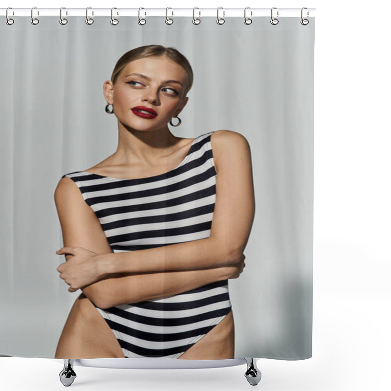 Personality  A Fashionable Blonde Woman Graces The Scene In A Black And White Striped One Piece Swimsuit. Shower Curtains