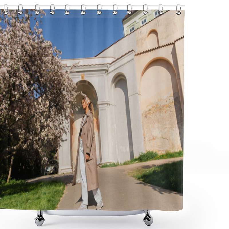 Personality  Full Length Of African American Woman In Stylish Trench Coat Standing Near Blooming Tree In Prague Shower Curtains