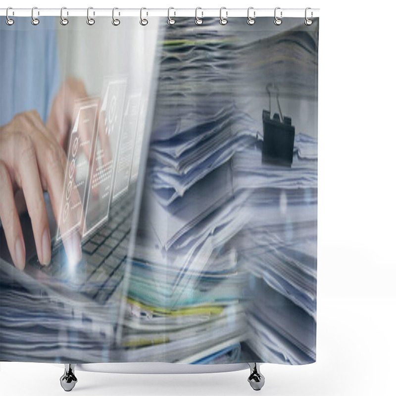 Personality  Document Management System (DMS): Businessman Digitizes Stacks Of Papers To Go Paperless. Enterprise Resource Planning (ERP), E-document Management, Online Documentation Database, Digital File Storage Shower Curtains