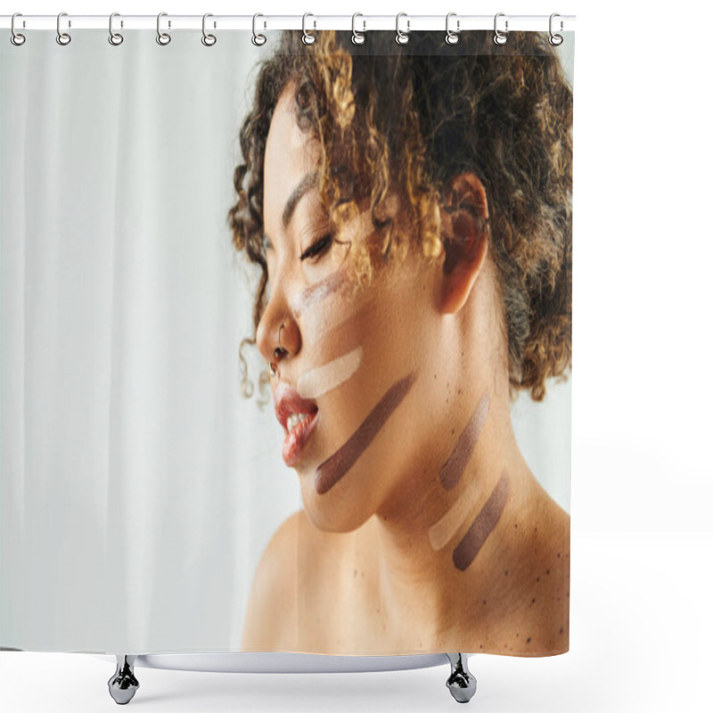 Personality  Appealing African American Woman With Foundation On Face Poses Against Vibrant Backdrop. Shower Curtains