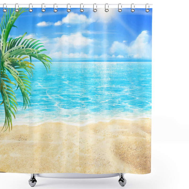 Personality  Beautiful Summer Beach Frame Illustration Of Palm Trees, Summer Beach And Sun - Blue Sky And Sea With Clouds. Shower Curtains