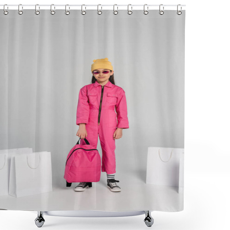 Personality  Back To School, Happy Girl In Beanie And Sunglasses Holding Shopping Bags And Backpack On Grey Shower Curtains